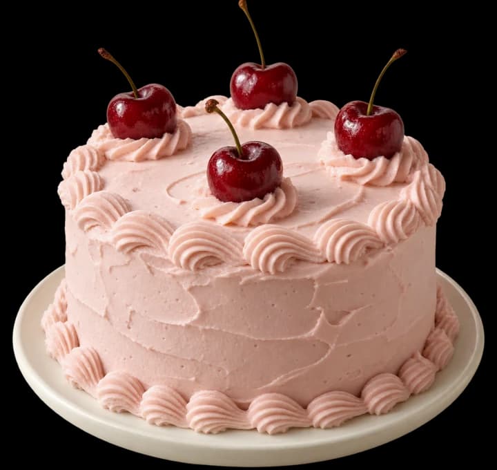 A pink celebration cake topped with cherries