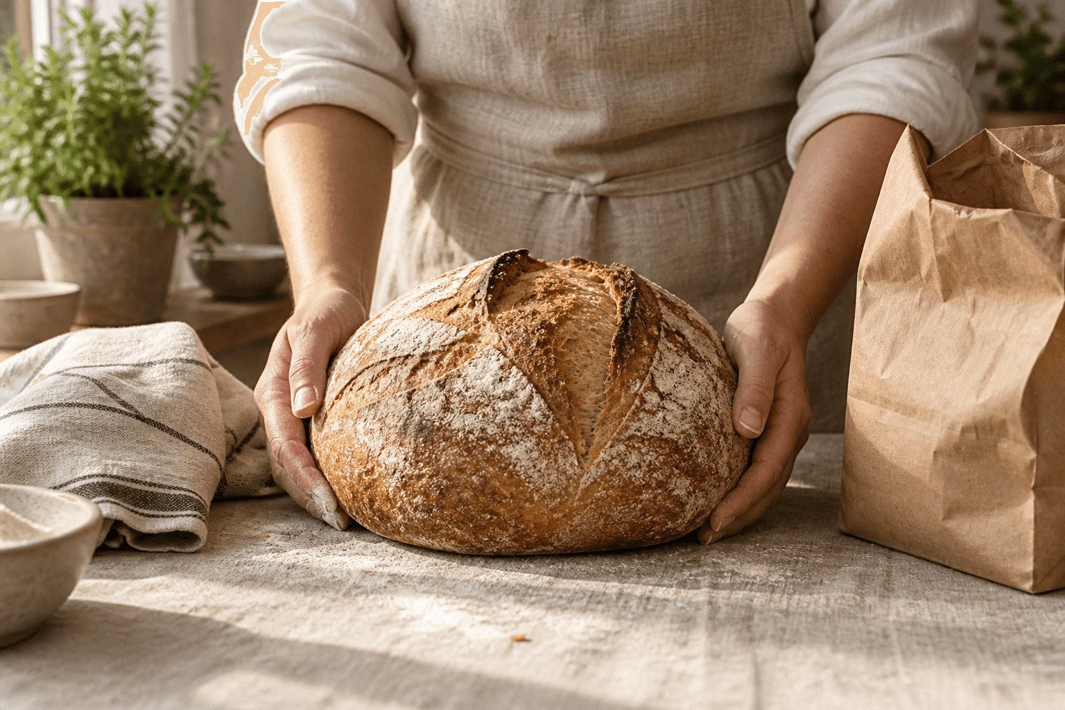A baker preparing sourdough on a flour-dusted counter beside a paper bakery bag