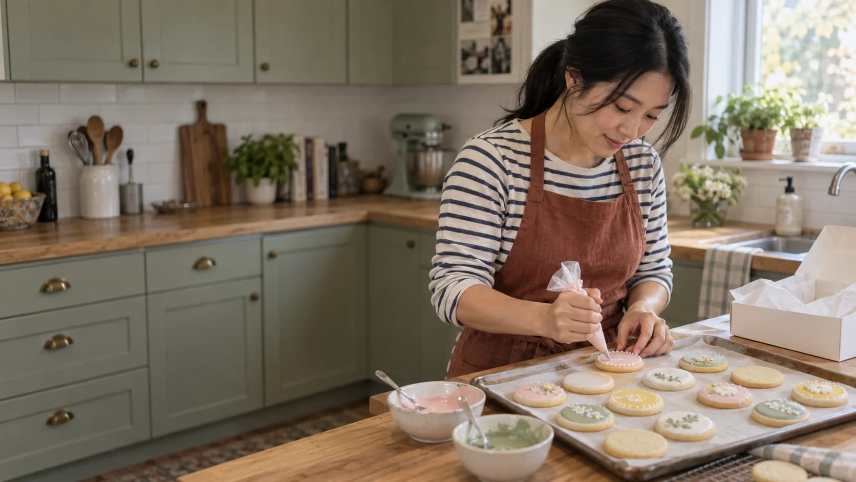 A home baker piping pink royal icing onto sugar cookies, with a tray of decorated cookies and an open cookie box on her kitchen counter