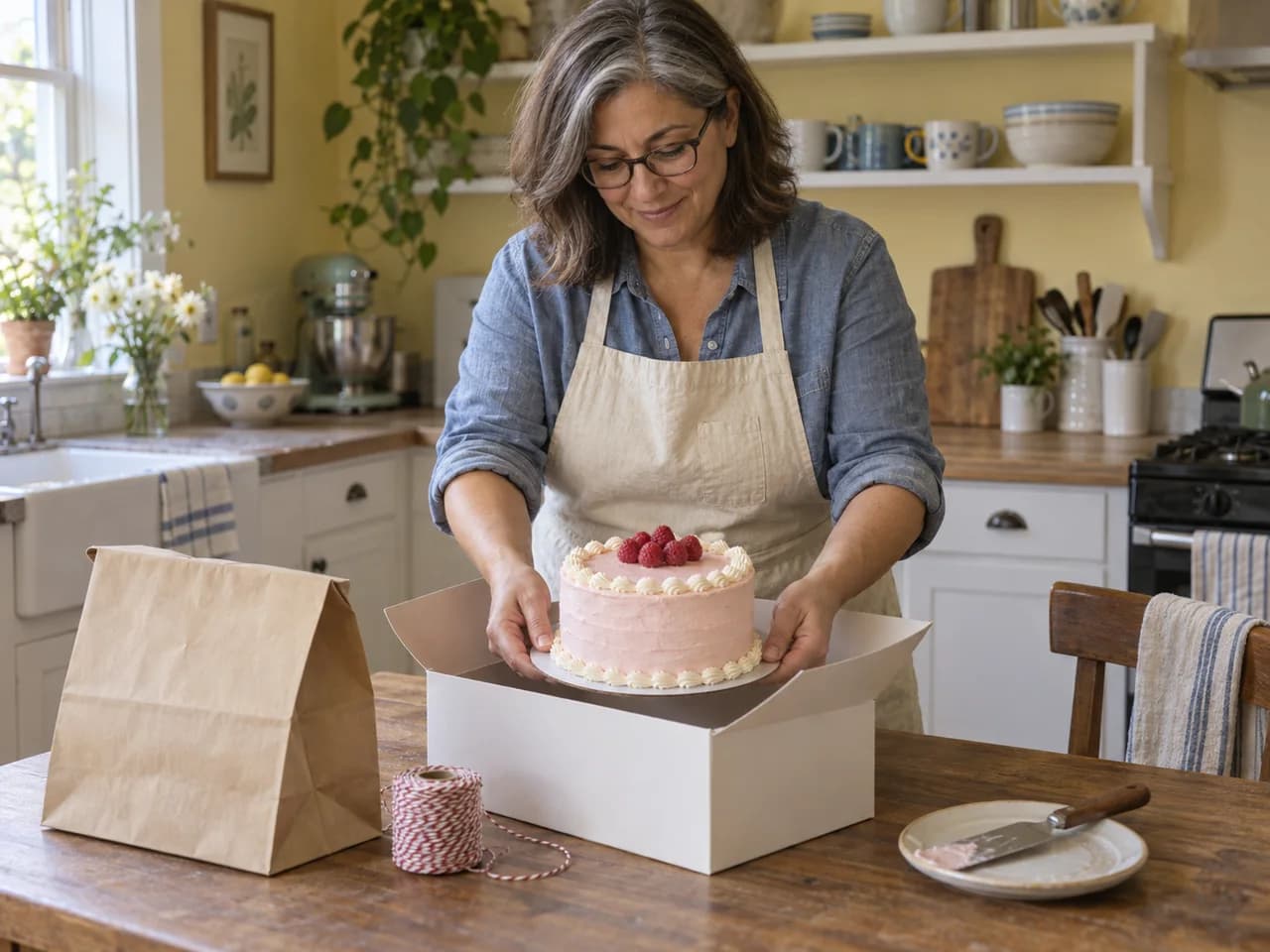A home baker lowering a pink buttercream cake topped with raspberries into a white cake box on her kitchen table