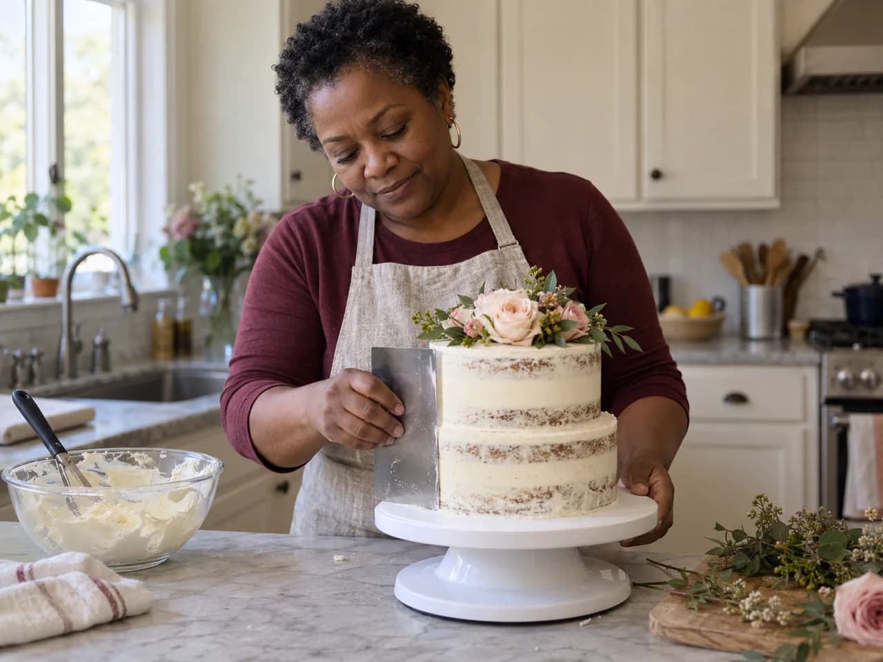A home cake decorator smoothing the side of a two-tier semi-naked cake topped with roses on a turntable in her kitchen
