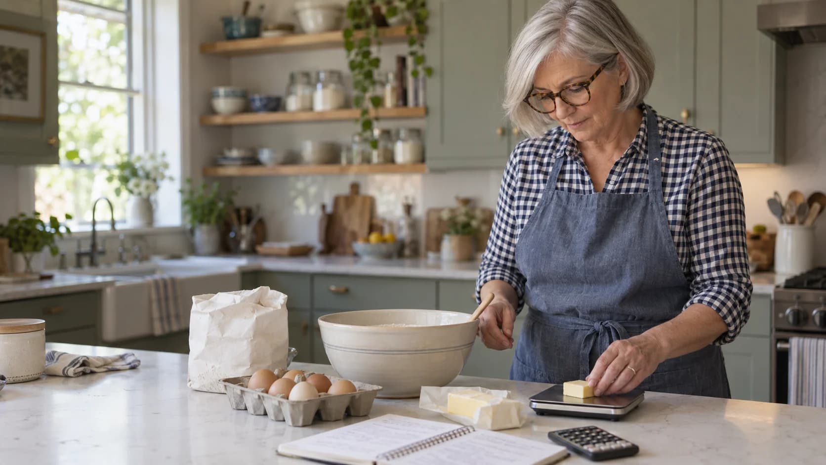 A home baker in glasses weighing butter on a small kitchen scale, with eggs, flour, a mixing bowl and a notebook on the counter