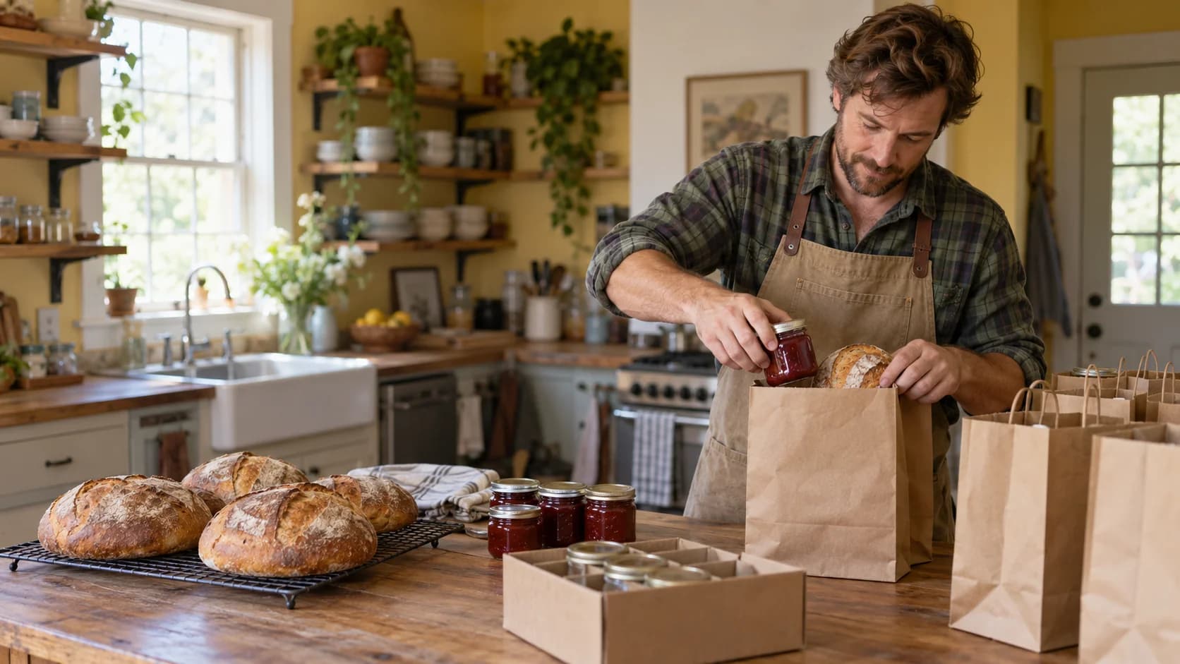 A home food maker packing jars of homemade jam and a crusty loaf into kraft paper bags for preorder pickups at his kitchen island