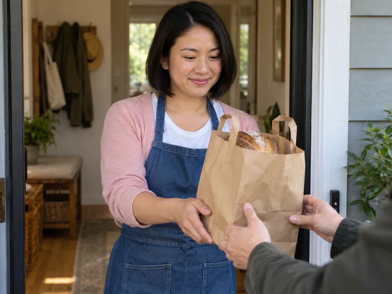 A home baker handing a paper bag with a fresh loaf of bread to a neighbor at her front door