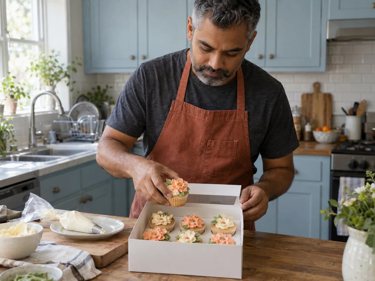A home baker placing a cupcake with piped buttercream flowers into a white cupcake box on his kitchen counter