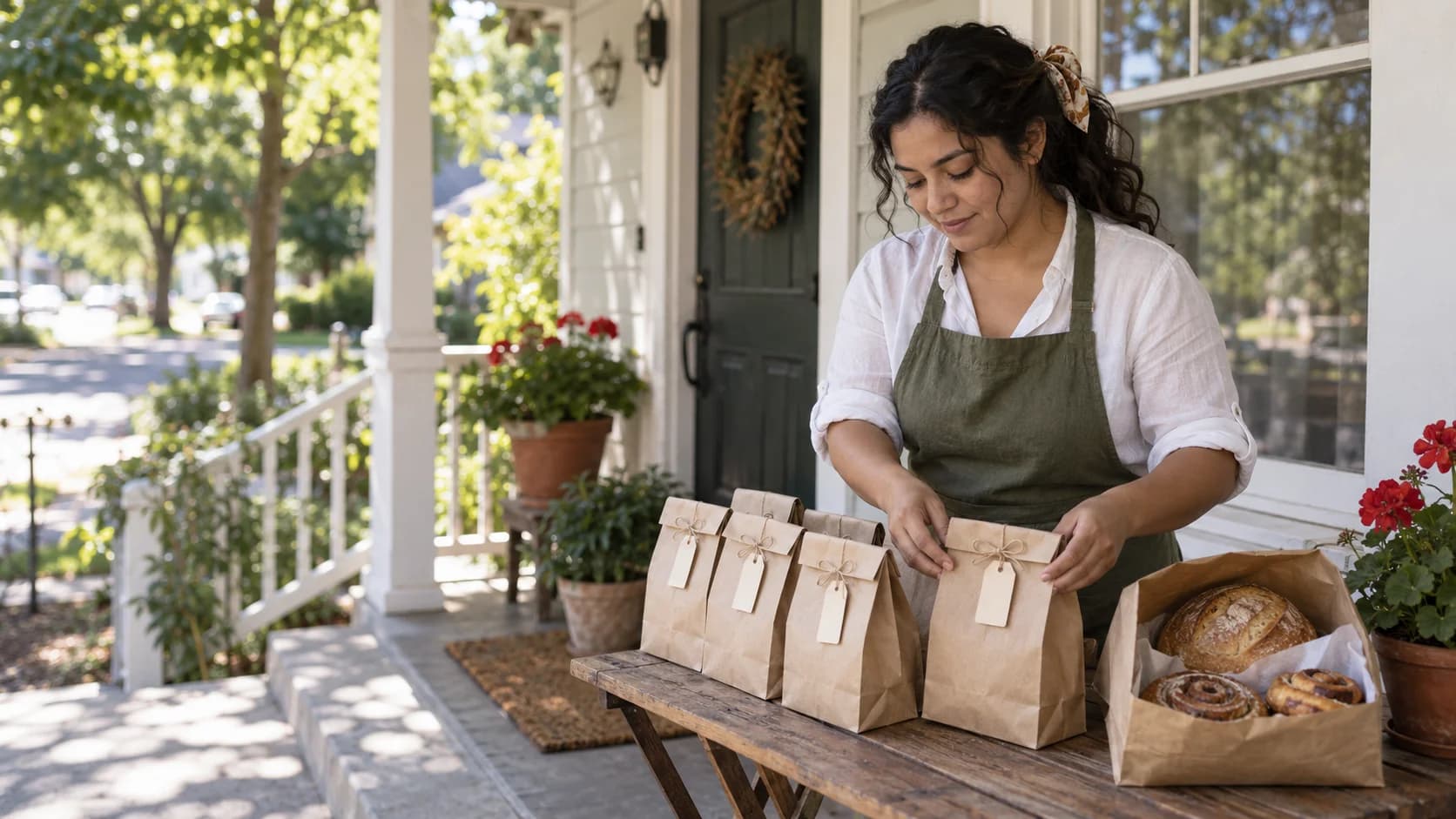 A home baker lining up kraft paper pickup bags tied with twine on a wooden table on her front porch, with a sourdough loaf and cinnamon rolls in an open bag