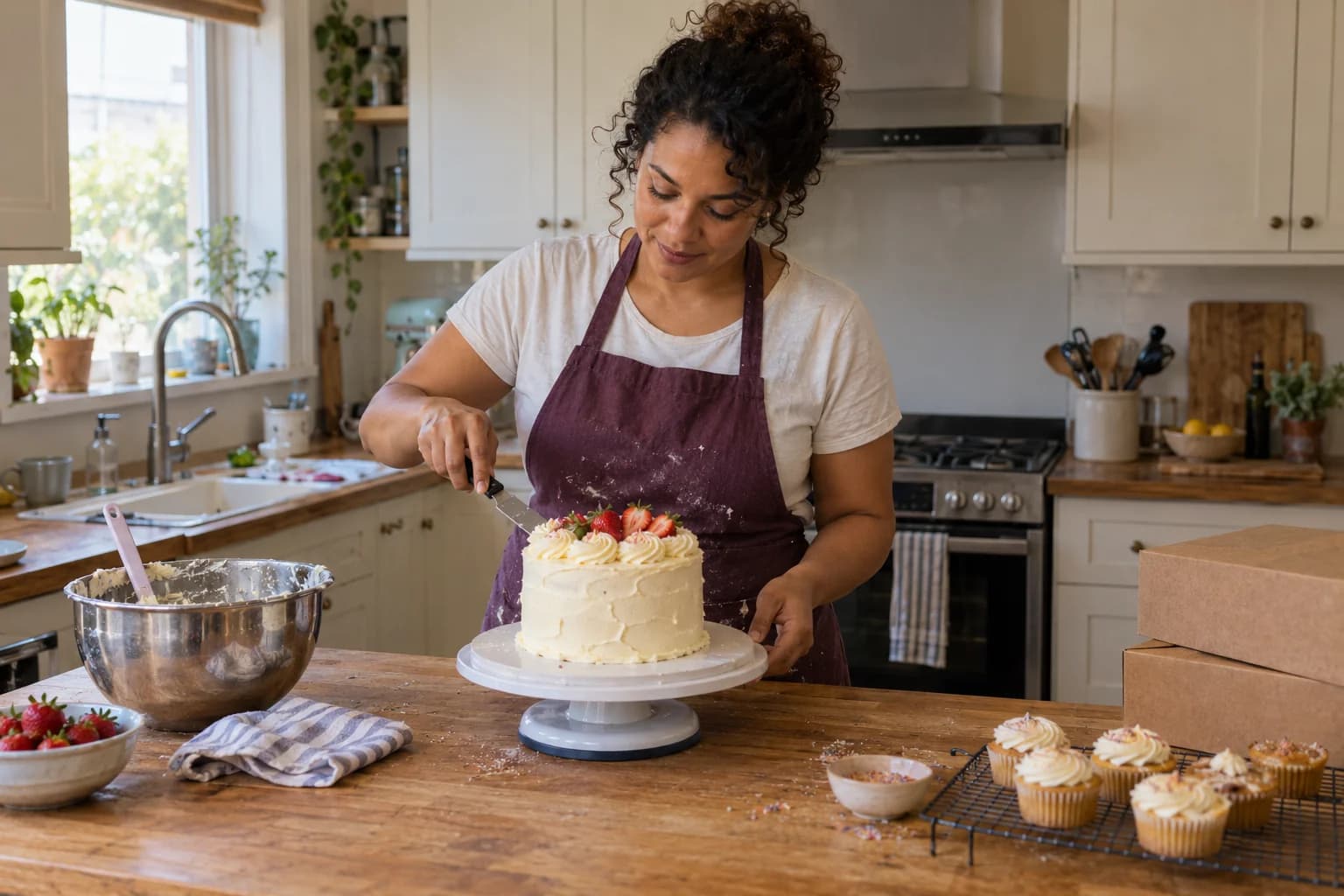 A home baker finishing a strawberry-topped cake in her kitchen