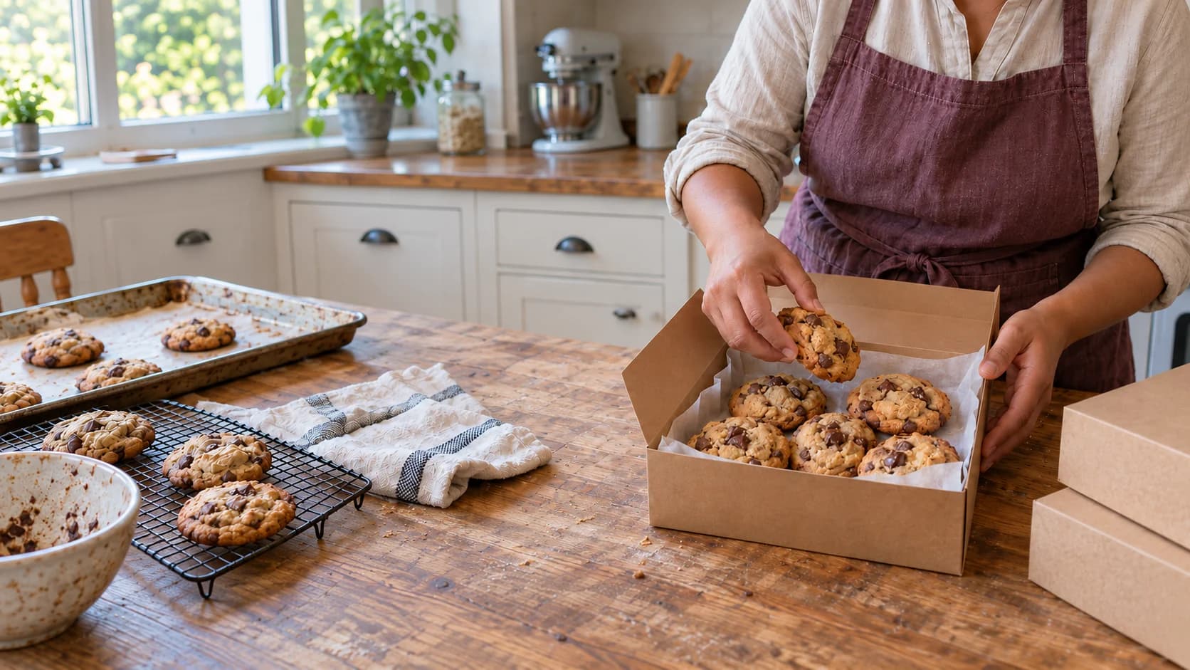 A home baker packing chocolate chip cookies into a kraft box at her kitchen counter