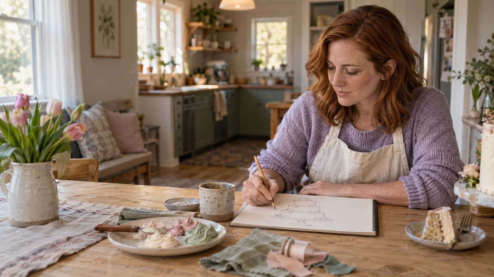 A home baker at her dining table sketching a three-tier cake design in a sketchbook, with buttercream color samples and ribbon swatches beside her