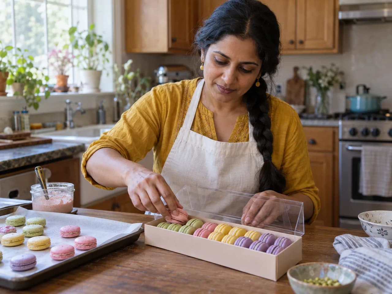 A home baker placing pastel French macarons into a long clear-lid gift box on her kitchen table