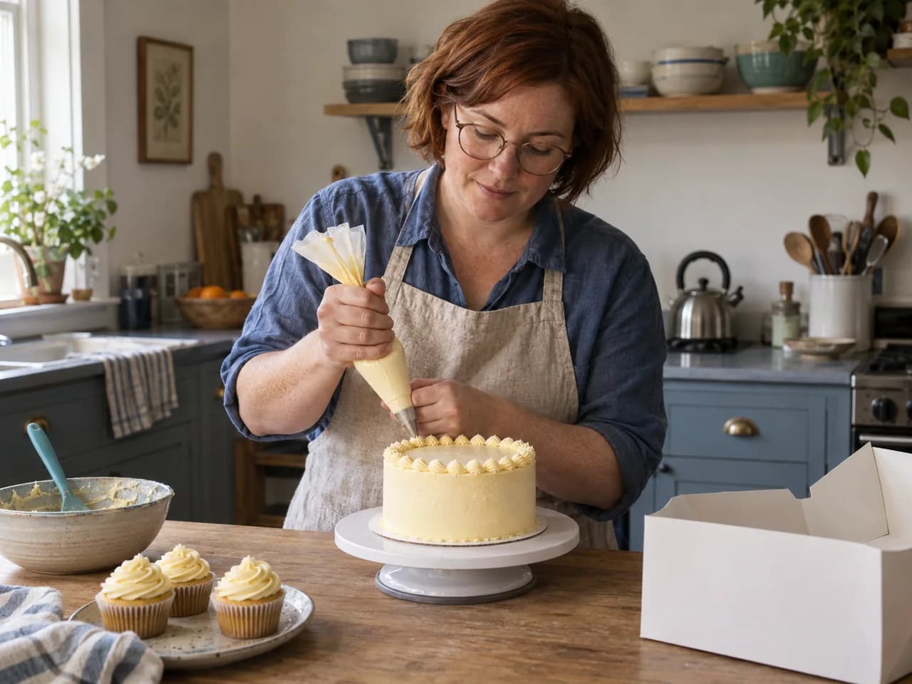 A home baker piping a buttercream border on a birthday cake, with matching cupcakes and a cake box nearby