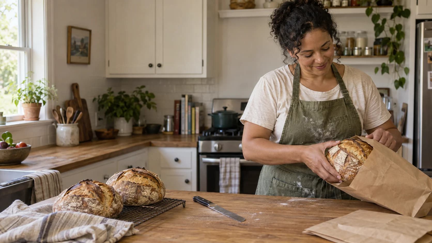 A home baker packing a sourdough loaf into a paper bag beside freshly baked bread in her kitchen