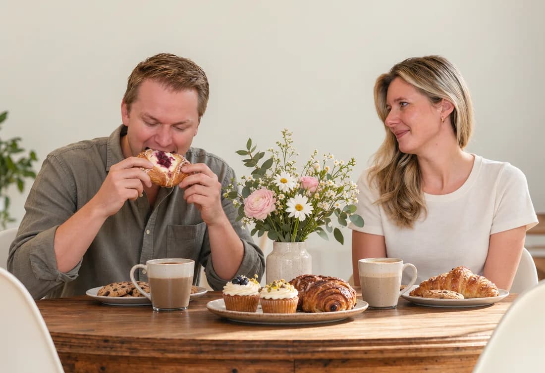 Tim and Rika at their kitchen table with coffee and pastries, Tim taking a big bite while Rika watches